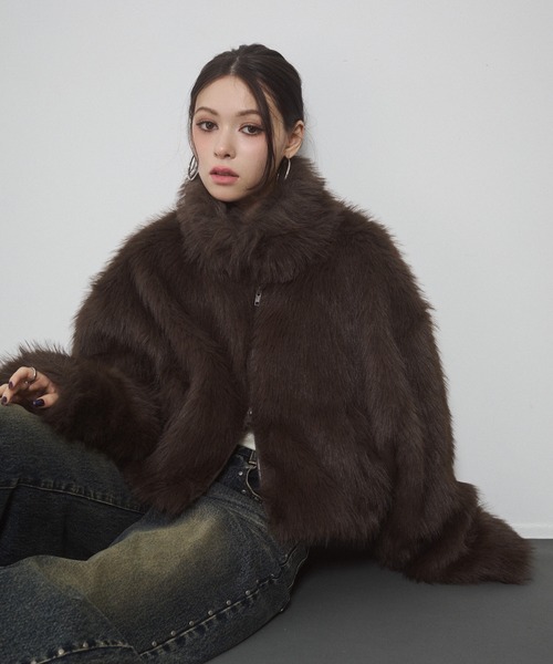 ENVYM グレー スタンドカラー ファーコート スタンドカラーミックスファーショートコート ／ stand-collar