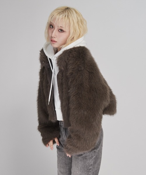 新品未使用ダークブラウン ファーコート ショートジャケット ダブルジップスタンドカラーミックスファージャケット ／ double zip