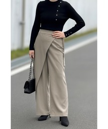 【スカート見え】アシンメトリー ラップデザイン ワイドパンツ / ベルト付き スラックス / モカ・グレージュ