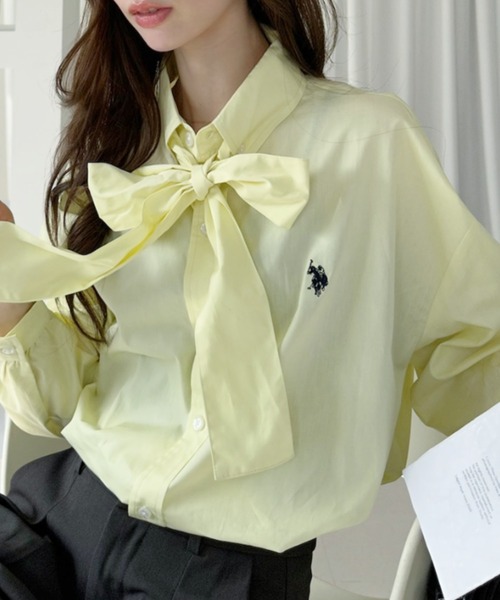 U.S. POLO ASSN.（ユーエスポロアッスン）の「Ada.別注 // U.S. POLO ASSN ボウタイ ショート丈 ボリュームスリーブ シャツブラウス チェック/無地（シャツ/ブラウス・レディース・ホワイト/ピンク/ブルー/ネイビー/ブラック/ブラウン/イエロー・FREE）」の6枚目の写真