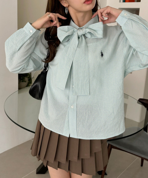 U.S. POLO ASSN.（ユーエスポロアッスン）の「Ada.別注 // U.S. POLO ASSN ボウタイ ショート丈 ボリュームスリーブ シャツブラウス チェック/無地（シャツ/ブラウス・レディース・ホワイト/ピンク/ブルー/ネイビー/ブラック/ブラウン/イエロー・FREE）」の15枚目の写真