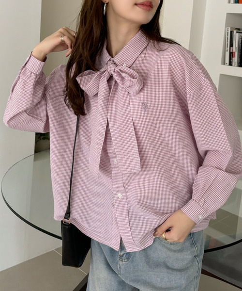 U.S. POLO ASSN.（ユーエスポロアッスン）の「Ada.別注 // U.S. POLO ASSN ボウタイ ショート丈 ボリュームスリーブ シャツブラウス チェック/無地（シャツ/ブラウス・レディース・ホワイト/ピンク/ブルー/ネイビー/ブラック/ブラウン/イエロー・FREE）」の13枚目の写真