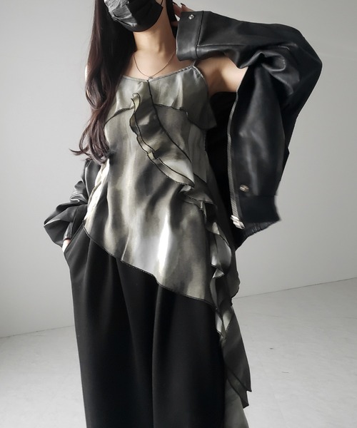 me+em select(ミームセレクト)の「タイダイサテンアシンメトリーフリルキャミソールビスチェ / tiedye satin asymmetry frill camisole bustier(キャミソール・レディース・ブラック・FREE)」の21枚目の写真
