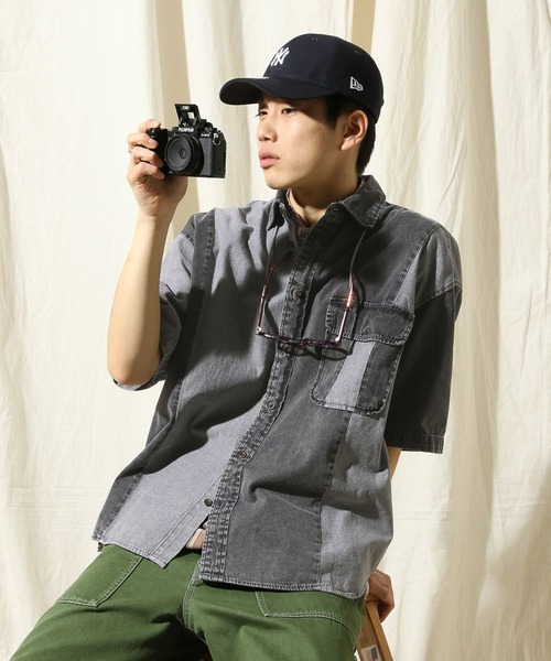 niko and...（ニコアンド）の「パッチワークデニム半袖シャツ（シャツ/ブラウス・メンズ・グレー/ライトブルー・MEDIUM/LARGE）」の6枚目の写真