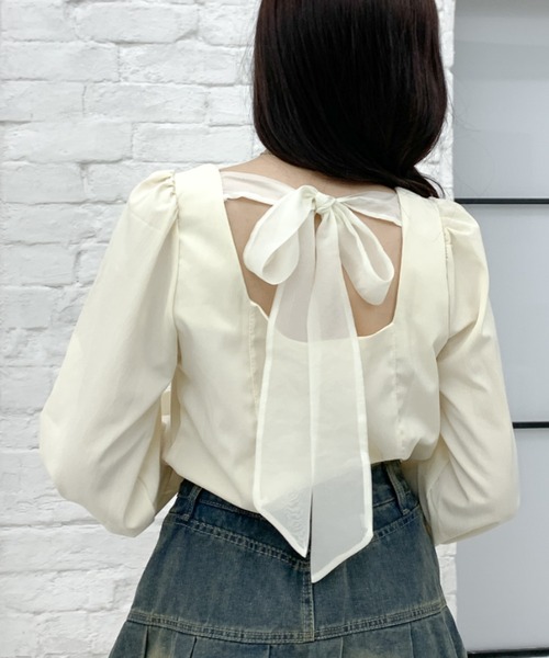 Teem Store(チームストア)の「バックシフォンリボン Vネックブラウス(シャツ/ブラウス・レディース・アイボリー/ブラック・L/M)」の16枚目の写真