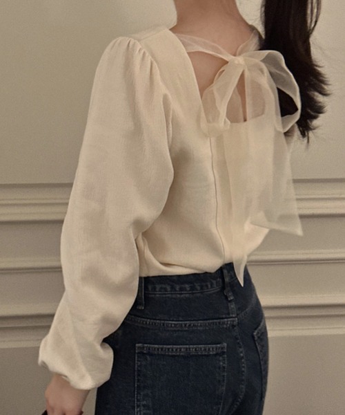 Teem Store(チームストア)の「バックシフォンリボン Vネックブラウス(シャツ/ブラウス・レディース・アイボリー/ブラック・L/M)」の22枚目の写真