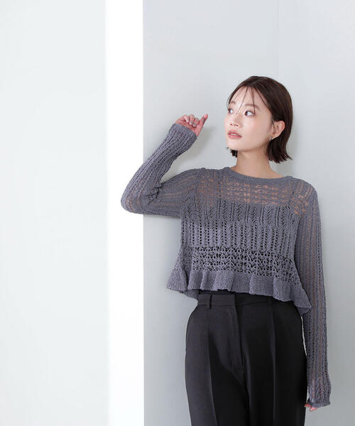 NATURAL BEAUTY BASIC（ナチュラルビューティーベーシック）の「◇【Oggi掲載】クロップドレースメッシュニット（ニット/セーター・レディース・レッド/チャコールグレー/オフホワイト・FREE）」の7枚目の写真