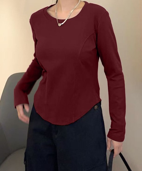 aimoha（アイモハ）の「ラウンドネックフィット長袖トップス（Tシャツ/カットソー・レディース・ホワイト/ブラック/ダークグレー/ワインレッド/チョコ・FREE）」の5枚目の写真