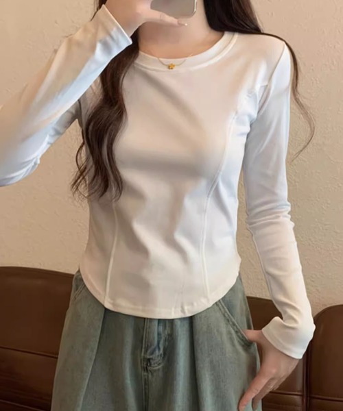 aimoha（アイモハ）の「ラウンドネックフィット長袖トップス（Tシャツ/カットソー・レディース・ホワイト/ブラック/ダークグレー/ワインレッド/チョコ・FREE）」の7枚目の写真