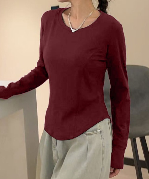 aimoha（アイモハ）の「ラウンドネックフィット長袖トップス（Tシャツ/カットソー・レディース・ホワイト/ブラック/ダークグレー/ワインレッド/チョコ・FREE）」の11枚目の写真