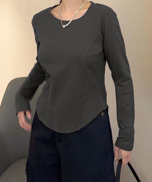 aimoha（アイモハ）の「ラウンドネックフィット長袖トップス（Tシャツ/カットソー・レディース・ホワイト/ブラック/ダークグレー/ワインレッド/チョコ・FREE）」の14枚目の写真