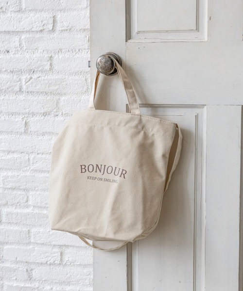 GLOBAL WORK（グローバルワーク）の「ロゴキャンバス2WAYトート/ 286153（トートバッグ・レディース・ボルドー/ベージュ/アイボリー/ブラウン系その他/ブラック・ONE SIZE）」の2枚目の写真