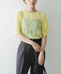 new basic　リネン混ワッシャーハーフスリーブニット