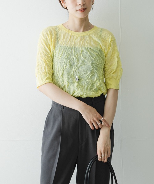 URBAN RESEARCH(アーバンリサーチ)の「new basic リネン混ワッシャーハーフスリーブニット(ニット/セーター・レディース・イエロー/ベージュ系その他/グレー系その他・FREE)」の1枚目の写真