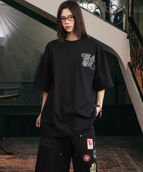 ラインストーンロゴTシャツ ユニセックス ストリート オーバー