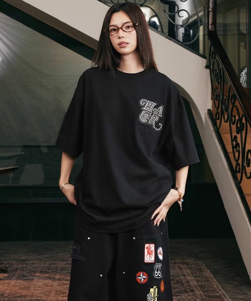 セール】ラインストーンロゴTシャツ ユニセックス ストリート