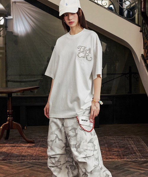 ラインストーンロゴTシャツ ユニセックス ストリート オーバー