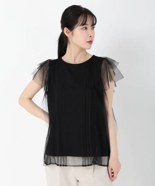 tシャツ ノースリーブチュールレイヤードトップス レディース セール】ノースリーブチュールレイヤードトップス（Tシャツ