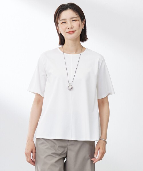 J.PRESS(ジェイプレス)の「【洗える】コットンスムース バック プリーツ カットソー(Tシャツ/カットソー・レディース・ネイビー系/ピーコックグリーン系/ホワイト系/ライトグレー系・T15/T13)」の1枚目の写真