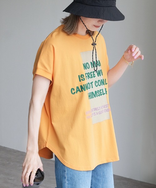 tシャツ 「接触冷感」ラウンドヘムTシャツ レディース セール】【接触冷感】ラウンドヘムチュニックロゴTシャツ（T