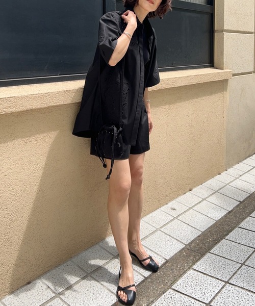 関税込★セザンヌ 麻綿混紡 ハイウエスト 裾刺繍 ショートパンツ ハイウエストcross point bijouデニムショートパンツ[品番