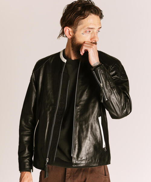 Schott(ショット)の「Schott/ショット/NOCOLLAR RACING JACKET/ノーカラー レーシング ジャケット(ライダースジャケット・メンズ・ブラック・XL/L/M/2XL)」の2枚目の写真