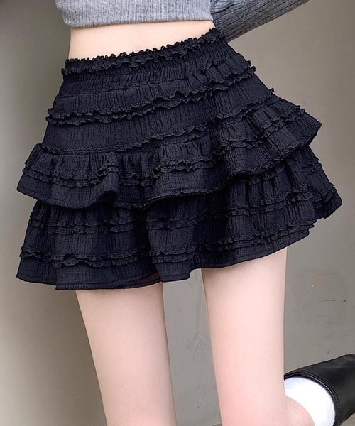 DAY CLOSET（デイ クローゼット）の「レディース 韓国っぽシャーリングニットフリルティアードミニスカート（スカート・レディース・ブラック/アイボリー/ホワイト・L/M）」の3枚目の写真