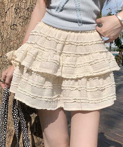 DAY CLOSET（デイ クローゼット）の「レディース 韓国っぽシャーリングニットフリルティアードミニスカート（スカート・レディース・ブラック/アイボリー/ホワイト・L/M）」の9枚目の写真