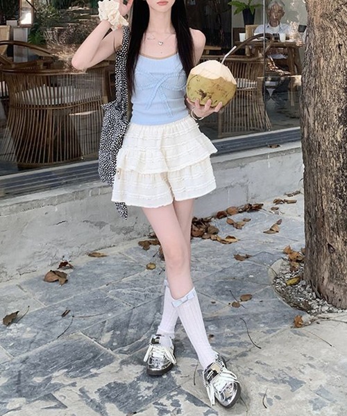 DAY CLOSET（デイ クローゼット）の「レディース 韓国っぽシャーリングニットフリルティアードミニスカート（スカート・レディース・ブラック/アイボリー/ホワイト・L/M）」の14枚目の写真