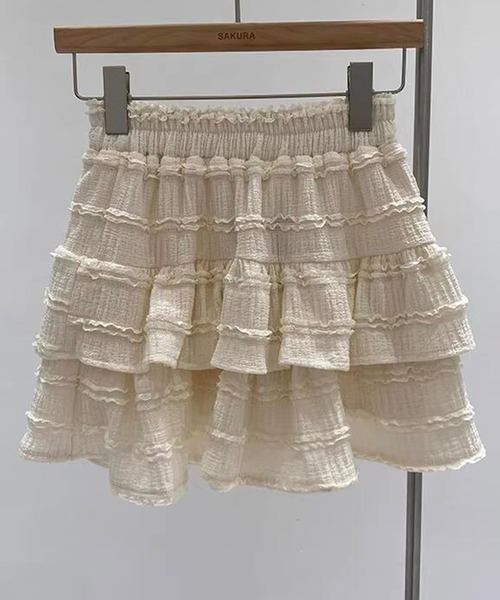 DAY CLOSET（デイ クローゼット）の「レディース 韓国っぽシャーリングニットフリルティアードミニスカート（スカート・レディース・ブラック/アイボリー/ホワイト・L/M）」の15枚目の写真