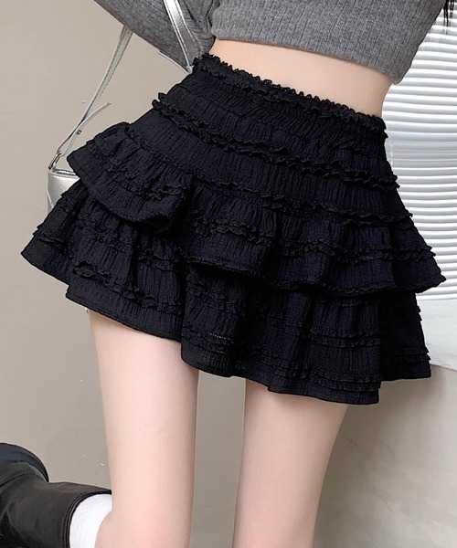 DAY CLOSET（デイ クローゼット）の「レディース 韓国っぽシャーリングニットフリルティアードミニスカート（スカート・レディース・ブラック/アイボリー/ホワイト・L/M）」の16枚目の写真