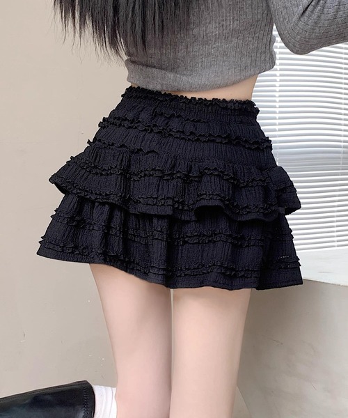 DAY CLOSET（デイ クローゼット）の「レディース 韓国っぽシャーリングニットフリルティアードミニスカート（スカート・レディース・ブラック/アイボリー/ホワイト・L/M）」の17枚目の写真