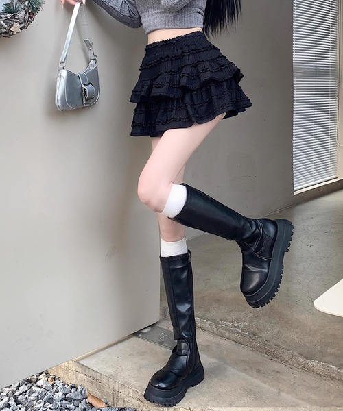 DAY CLOSET（デイ クローゼット）の「レディース 韓国っぽシャーリングニットフリルティアードミニスカート（スカート・レディース・ブラック/アイボリー/ホワイト・L/M）」の21枚目の写真