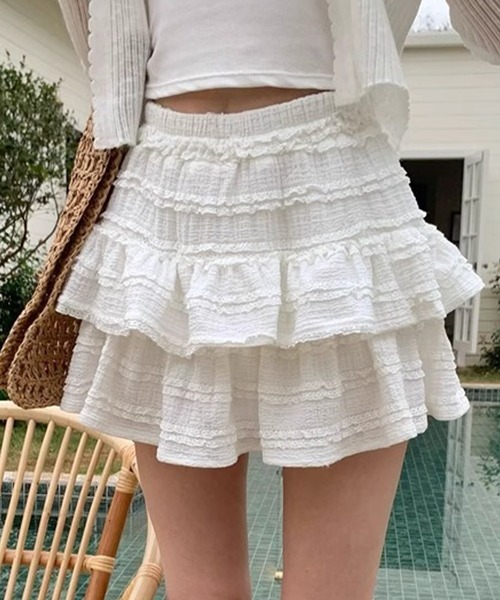 DAY CLOSET（デイ クローゼット）の「レディース 韓国っぽシャーリングニットフリルティアードミニスカート（スカート・レディース・ブラック/アイボリー/ホワイト・L/M）」の4枚目の写真