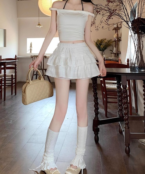 DAY CLOSET（デイ クローゼット）の「レディース 韓国っぽシャーリングニットフリルティアードミニスカート（スカート・レディース・ブラック/アイボリー/ホワイト・L/M）」の8枚目の写真