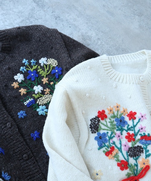 ペルーハンドニット ブーケ刺繍カーディガン（カーディガン/ボレロ