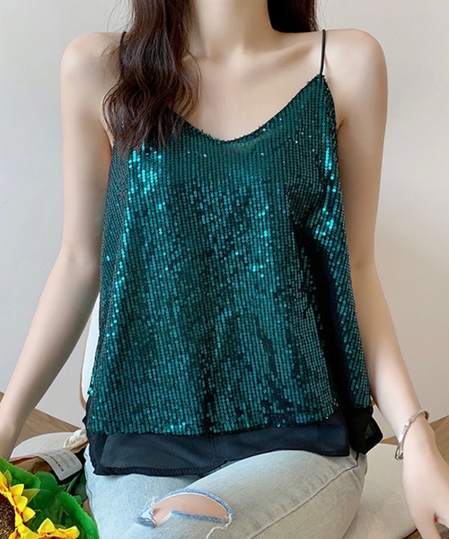 DAY CLOSET(デイ クローゼット)の「レディース 煌めきで視線ひとり占め。スパンコールシースルーキャミソール(キャミソール・レディース・ブラック/エメラルド/ベージュ/ホワイト・FREE)」の19枚目の写真