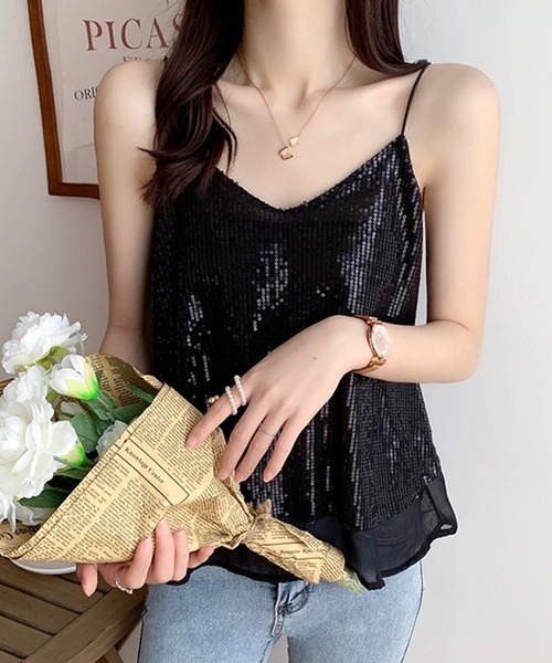 DAY CLOSET(デイ クローゼット)の「レディース 煌めきで視線ひとり占め。スパンコールシースルーキャミソール(キャミソール・レディース・ブラック/エメラルド/ベージュ/ホワイト・FREE)」の5枚目の写真