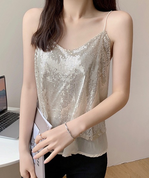DAY CLOSET(デイ クローゼット)の「レディース 煌めきで視線ひとり占め。スパンコールシースルーキャミソール(キャミソール・レディース・ブラック/エメラルド/ベージュ/ホワイト・FREE)」の22枚目の写真
