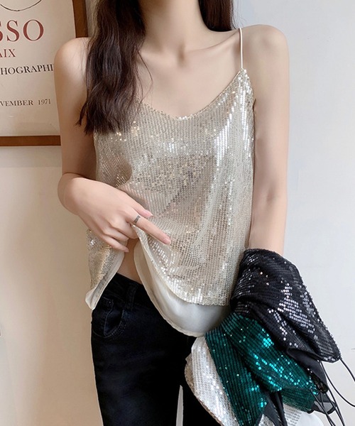 DAY CLOSET(デイ クローゼット)の「レディース 煌めきで視線ひとり占め。スパンコールシースルーキャミソール(キャミソール・レディース・ブラック/エメラルド/ベージュ/ホワイト・FREE)」の21枚目の写真