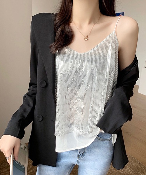 DAY CLOSET(デイ クローゼット)の「レディース 煌めきで視線ひとり占め。スパンコールシースルーキャミソール(キャミソール・レディース・ブラック/エメラルド/ベージュ/ホワイト・FREE)」の8枚目の写真