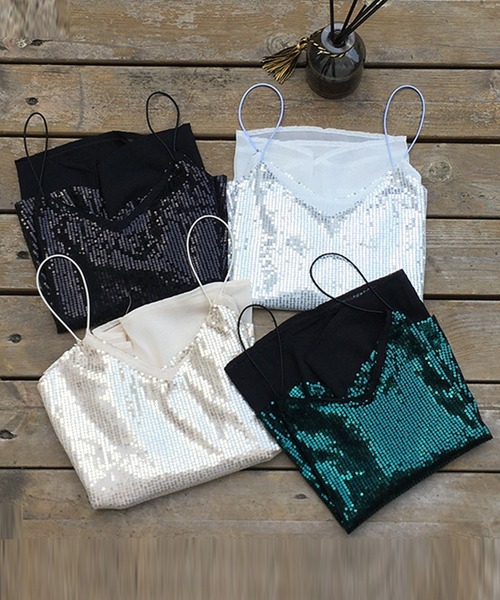 DAY CLOSET(デイ クローゼット)の「レディース 煌めきで視線ひとり占め。スパンコールシースルーキャミソール(キャミソール・レディース・ブラック/エメラルド/ベージュ/ホワイト・FREE)」の15枚目の写真