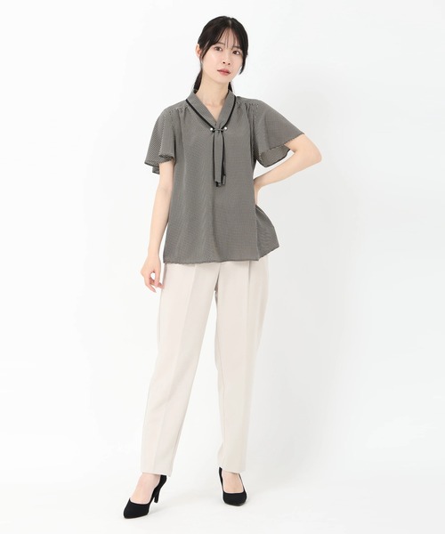 ブラウス シャツ フェミニッシュチドリ*ストレッチジョーゼット_パールパーツ付きボウタイブラウス レディース フェミニッシュチドリ*ストレッチジョーゼット_パールパーツ付き