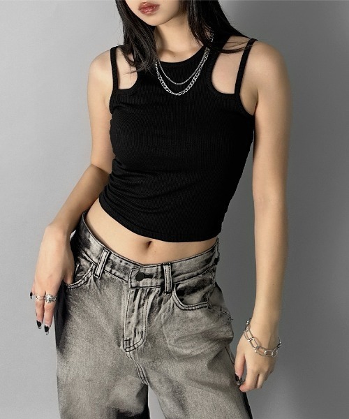 LVEU.(ラブユ.)の「【LVEU.】ストラップデザインタンクトップ / トップス カットソー リブ タンクトップ ストラップ インナー レイヤード ブラック ホワイト グレー カーキ(タンクトップ・レディース・カーキ/ホワイト/ブラック/グレー・FREE)」の3枚目の写真