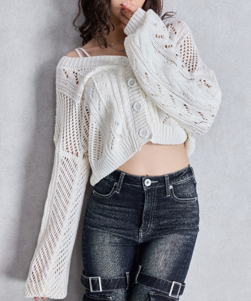 GYDA（ジェイダ）の「2WAYメッシュブリーチニットトップス（カーディガン/ボレロ・レディース・チャコールグレー/ネイビー/アイボリー・FREE）」の2枚目の写真