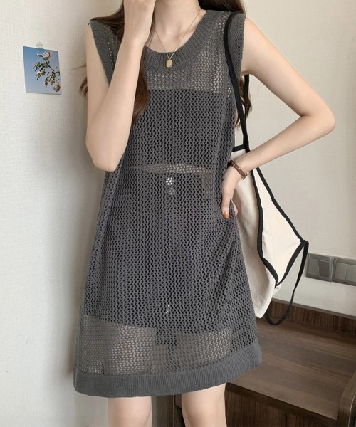 Miniministore(ミニミニストア)の「メッシュサマーニットワンピース スリット(ベスト・レディース・アイボリー/グレー/ブラック・FREE)」の8枚目の写真