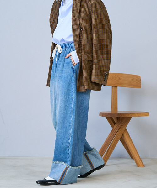 セール】ウォッシュ加工 ロールアップ イージーデニムパンツ【限定展開