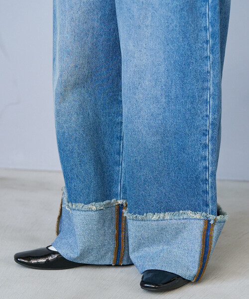 セール】ウォッシュ加工 ロールアップ イージーデニムパンツ【限定展開