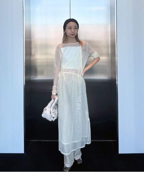 Ameri（アメリ）の「LAYERED SHEER CAMI SET LONG TOP（Tシャツ