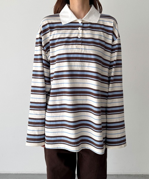 CANAL JEAN（キャナルジーン）の「El mar　マルチボーダーオーバーポロシャツ（ポロシャツ・レディース・ホワイト・ONE SIZE）」の5枚目の写真